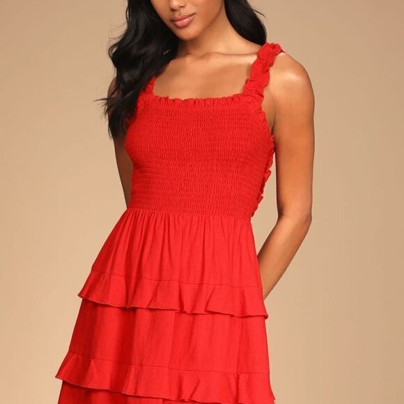 Lulus Super Sweet Smocked Ruffled Tie-back Mini Dress - Picture 1 of 9